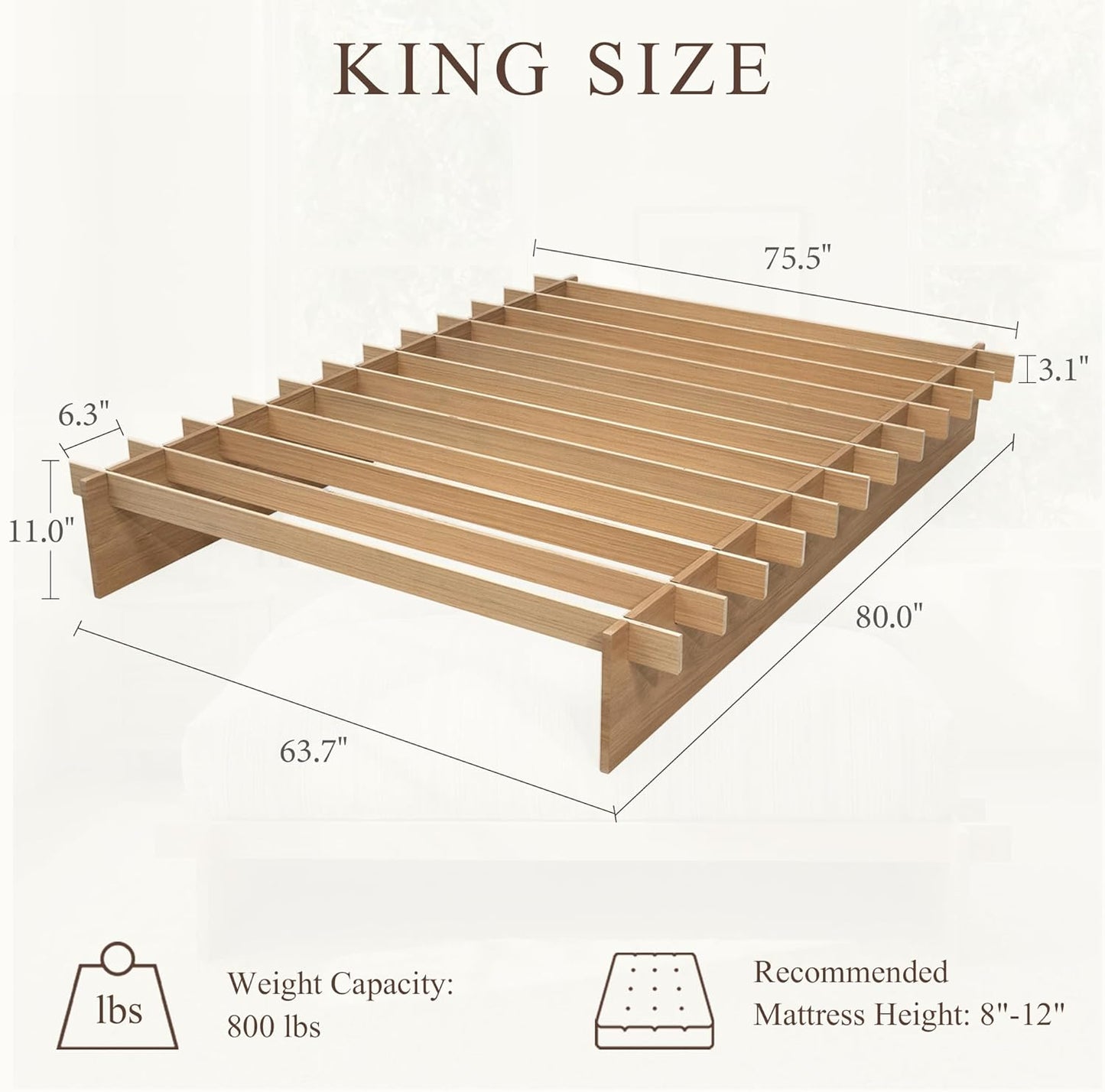 Brafabhome Bed Frame with Wood Slat Support, Joinery Wood Platform with 8" Under-Bed Storage, No Box Spring Needed, No-Tool Assembly, Natural