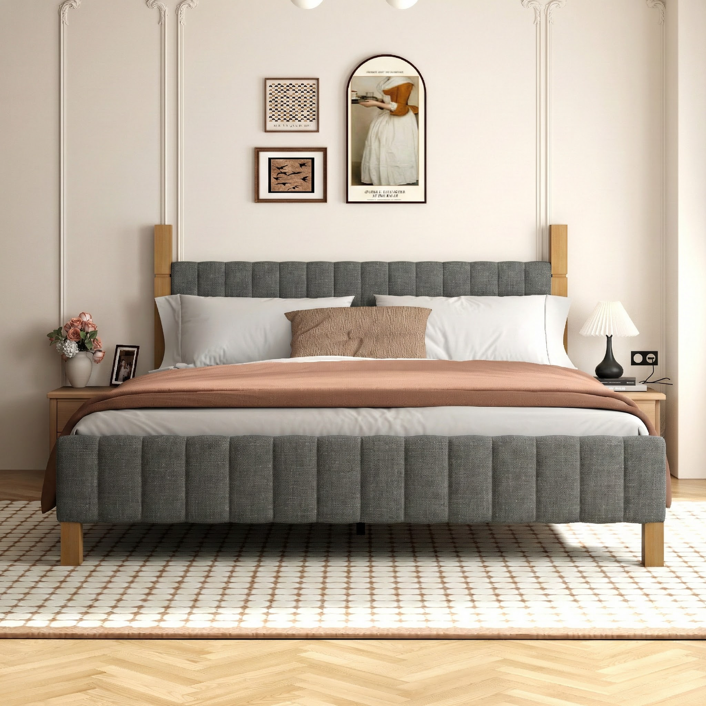 Brafabhome Bed Frame with Upholstered Headboard, Modern Wood Bed Frame with Solid Wood Posts, No Box Spring Needed, Beige Linen