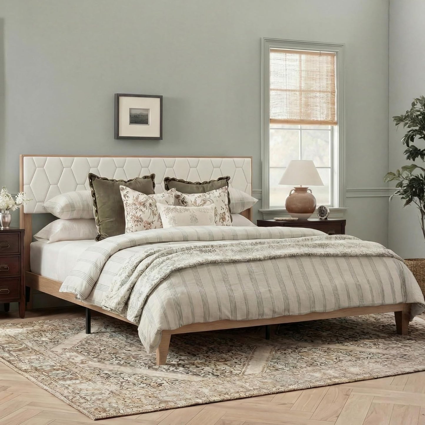 Brafabhome Bed Frame with Velvet Upholstered Headboard, Wood Platform Bed with Under-Bed Storage, No Box Spring Needed