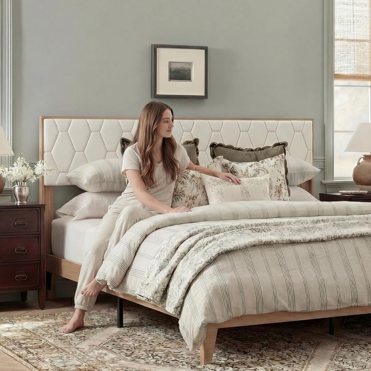 Brafabhome Bed Frame with Velvet Upholstered Headboard, Wood Platform Bed with Under-Bed Storage, No Box Spring Needed