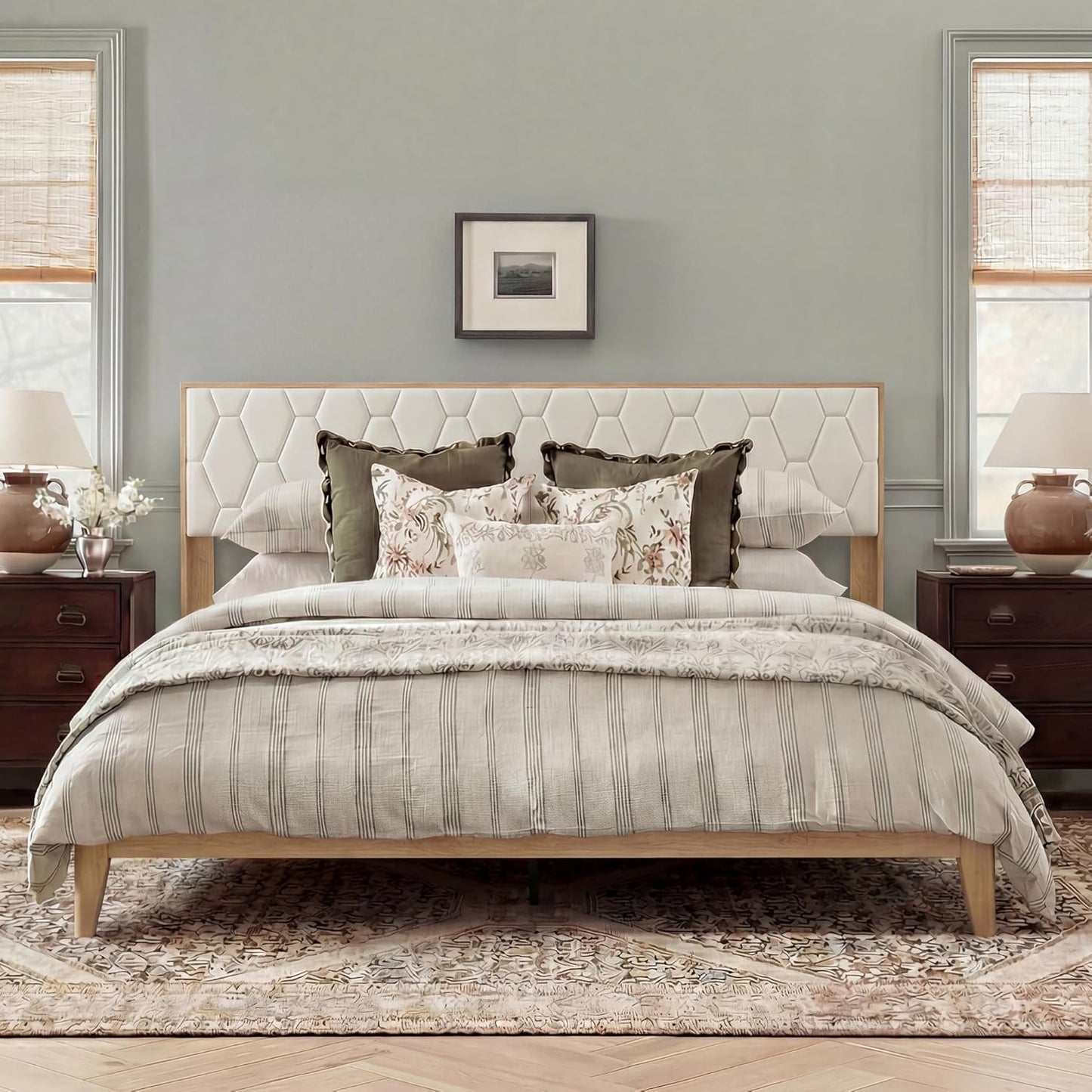 Brafabhome Bed Frame with Velvet Upholstered Headboard, Wood Platform Bed with Under-Bed Storage, No Box Spring Needed