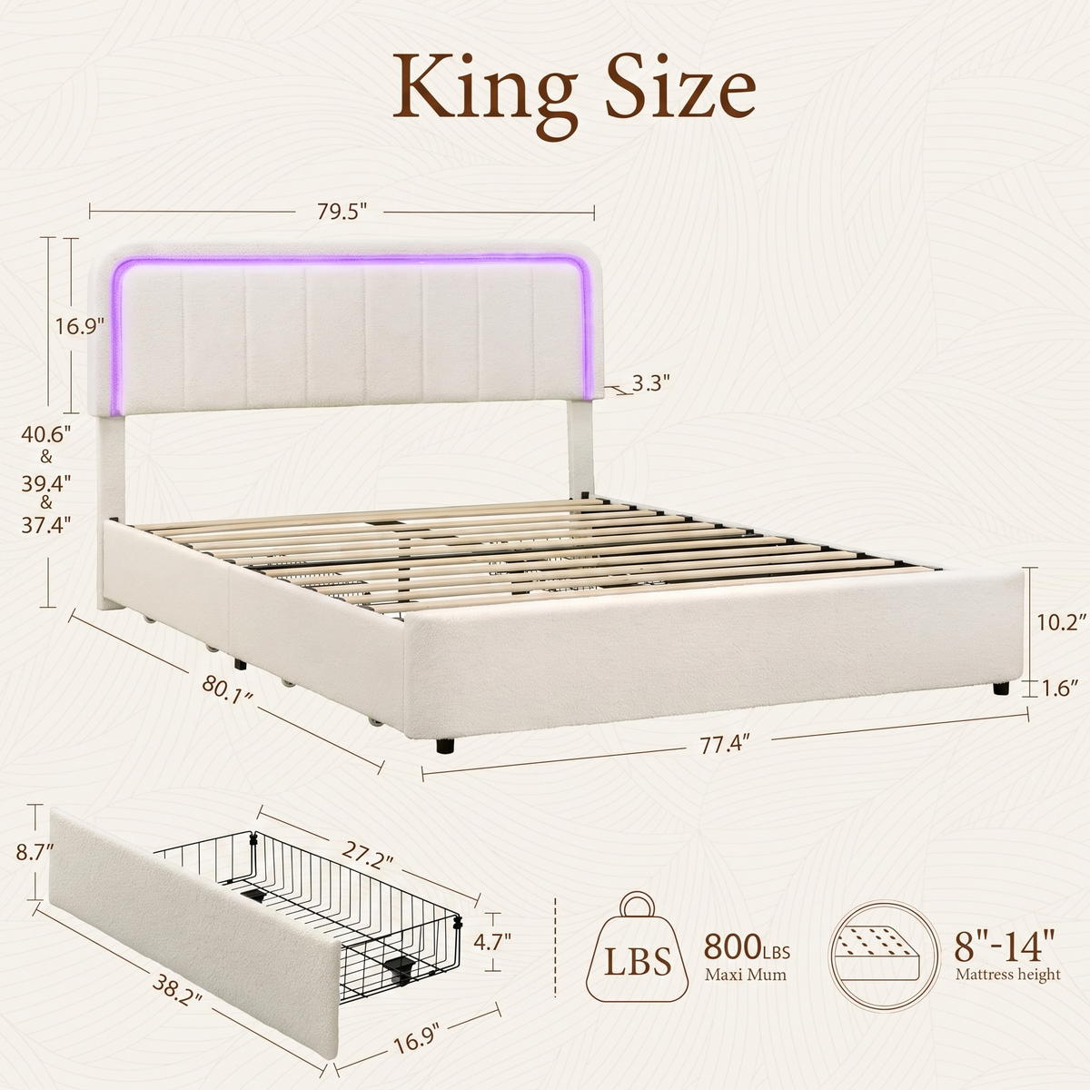 Brafabhome Cloud Bed Frame with Adjustable Height Headboard, Boucle Upholstered Bed Frame with LED Light, Modern Platform Bed with 4 Storage Drawers, No Box Spring Needed, Beige