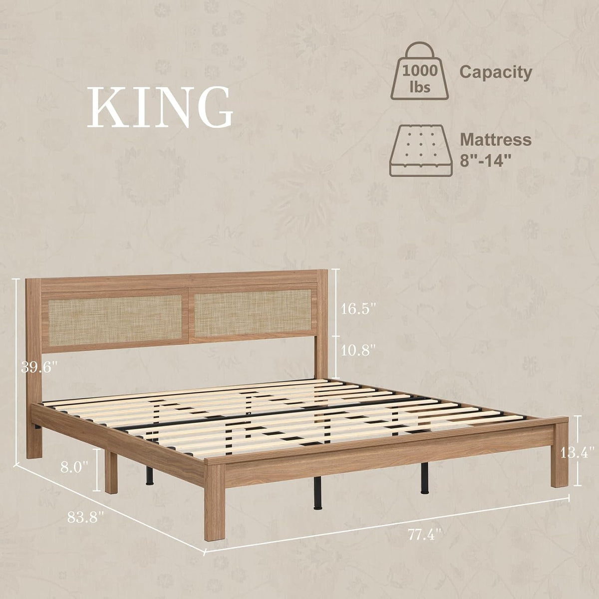 Brafabhome Bed Frame with Rattan Headboard, Wood Bed Frame Modern Platform Bed with Thicken Slats, No Box Spring Needed, 800lbs