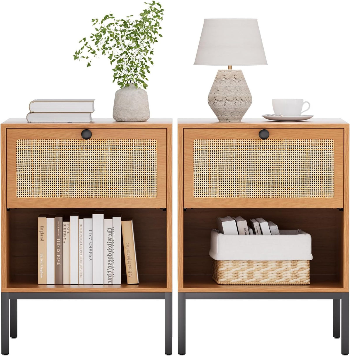 brafabhome Bohemian Rattan Nightstand Set of 2, Wood Bedside Table with Drawers for Bedroom Living Room, Beige