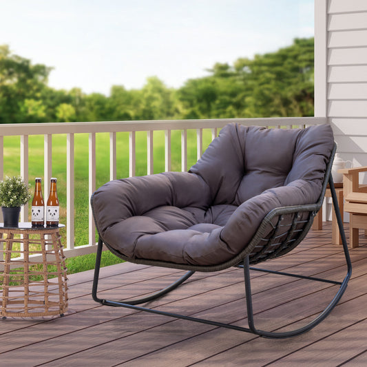 Brafabhome Oversized Patio Rocking Egg Chair with Cushion, 350lbs Heavy Duty Outdoor Rocking Chair, Comfy Recliner for Balcony, Porch, Backyard or Indoor Seating | Grey