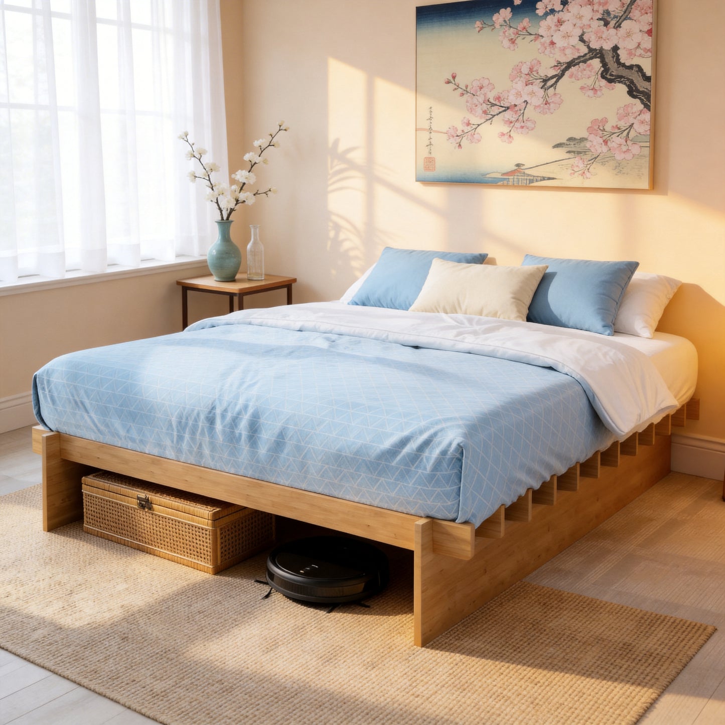 Brafabhome Bed Frame with Wood Slat Support, Joinery Wood Platform with 8" Under-Bed Storage, No Box Spring Needed, No-Tool Assembly, Natural