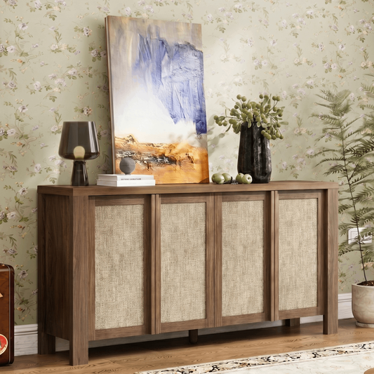 Brafabhome 63" Wide Sideboard with Solid Wood Handles, 4 Doors Buffet Cabinet with Storage Shelf for Living Room, Dining Room, Entryway