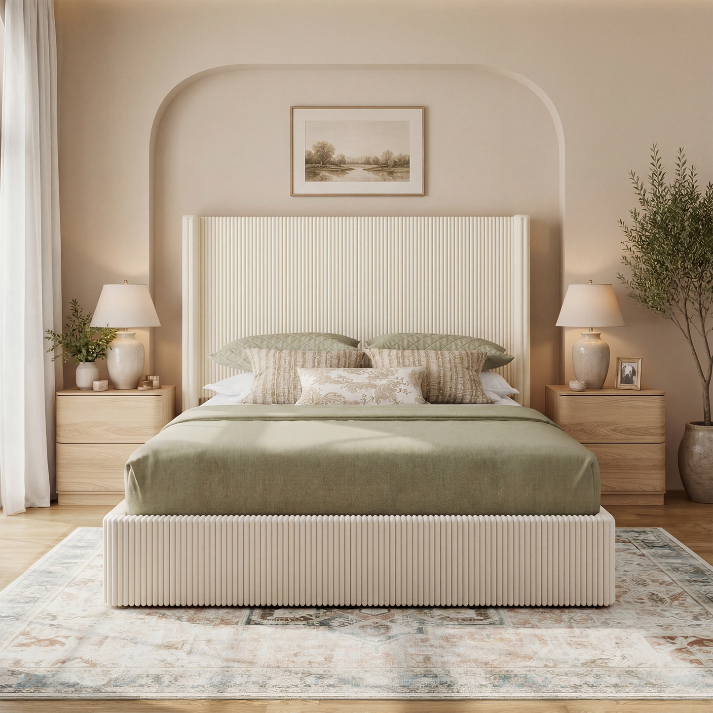 Brafabhome Bed Frame with Lift Up Storage, Corduroy Upholstered Platform Bed with 51.2" Tall Wingback Headboard, No Box Spring Needed | Beige