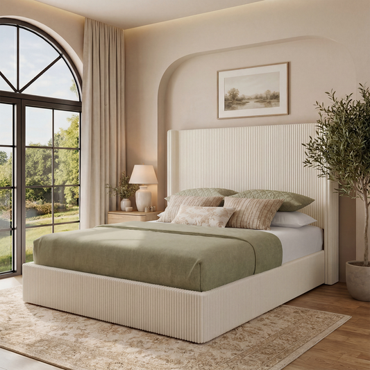 Brafabhome Bed Frame with Lift Up Storage, Corduroy Upholstered Platform Bed with 51.2" Tall Wingback Headboard, No Box Spring Needed | Beige