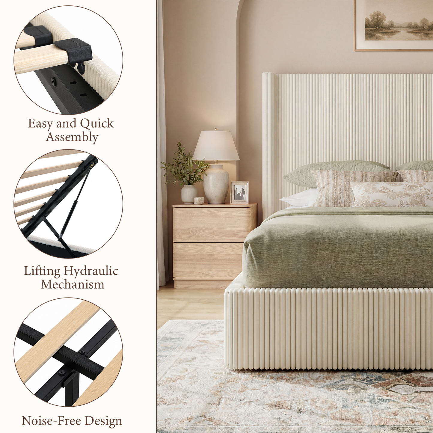 Brafabhome Bed Frame with Lift Up Storage, Corduroy Upholstered Platform Bed with 51.2" Tall Wingback Headboard, No Box Spring Needed | Beige