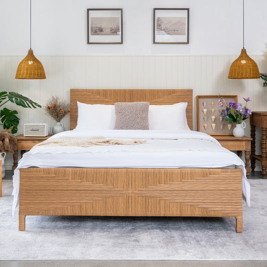 Brafabhome Bed Frame with Headboard and Footboard, Boho 3D Hand-Woven PE Rattan Bed Frame with Metal Slats, No Box Spring Needed, 1000 lbs