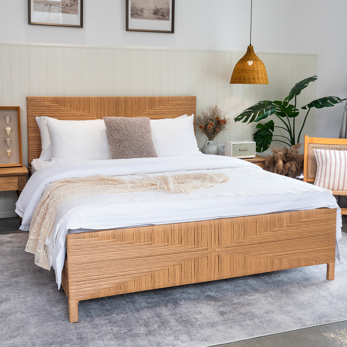 Brafabhome Bed Frame with Headboard and Footboard, Boho 3D Hand-Woven PE Rattan Bed Frame with Metal Slats, No Box Spring Needed, 1000 lbs