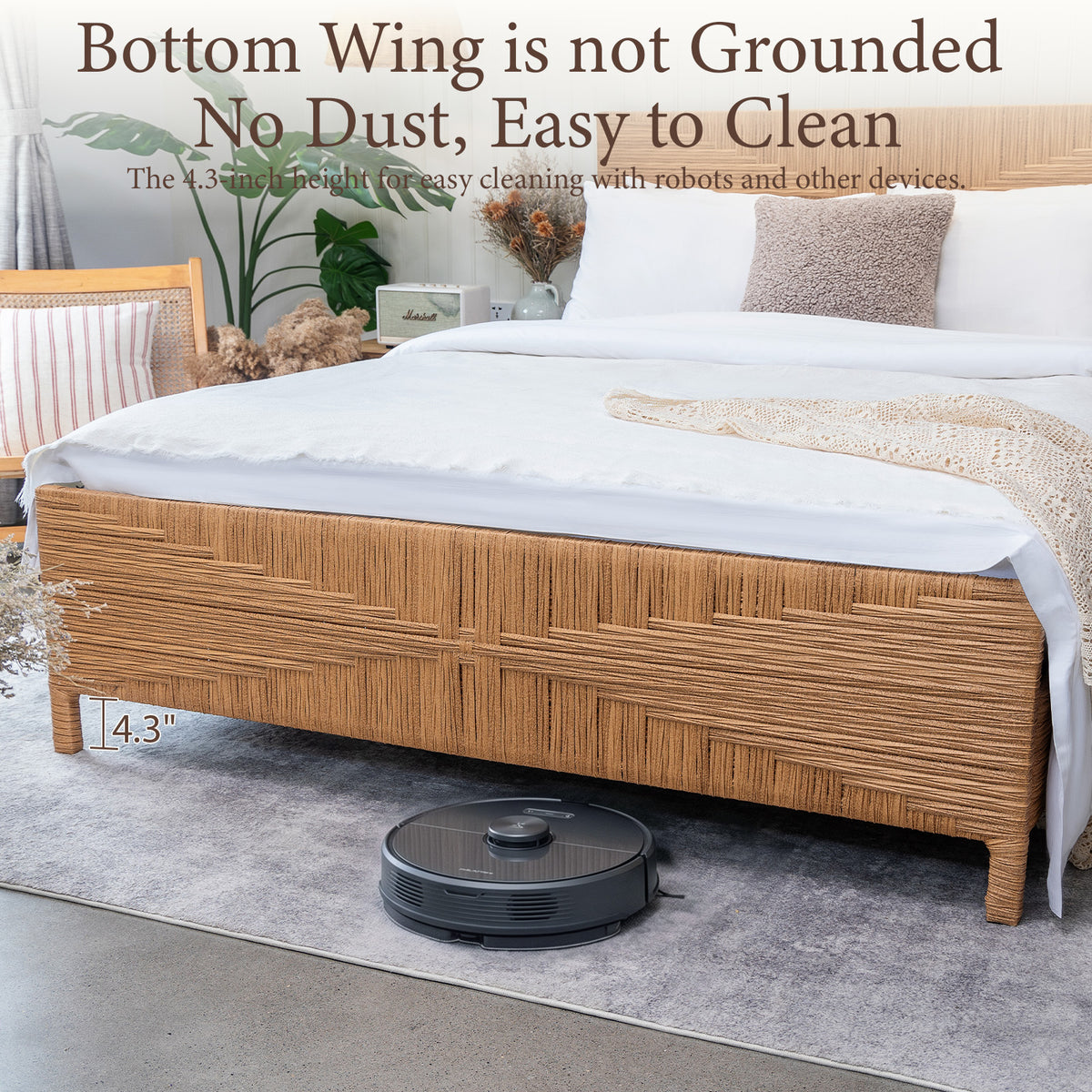 Brafabhome Bed Frame with Headboard and Footboard, Boho 3D Hand-Woven PE Rattan Bed Frame with Metal Slats, No Box Spring Needed, 1000 lbs