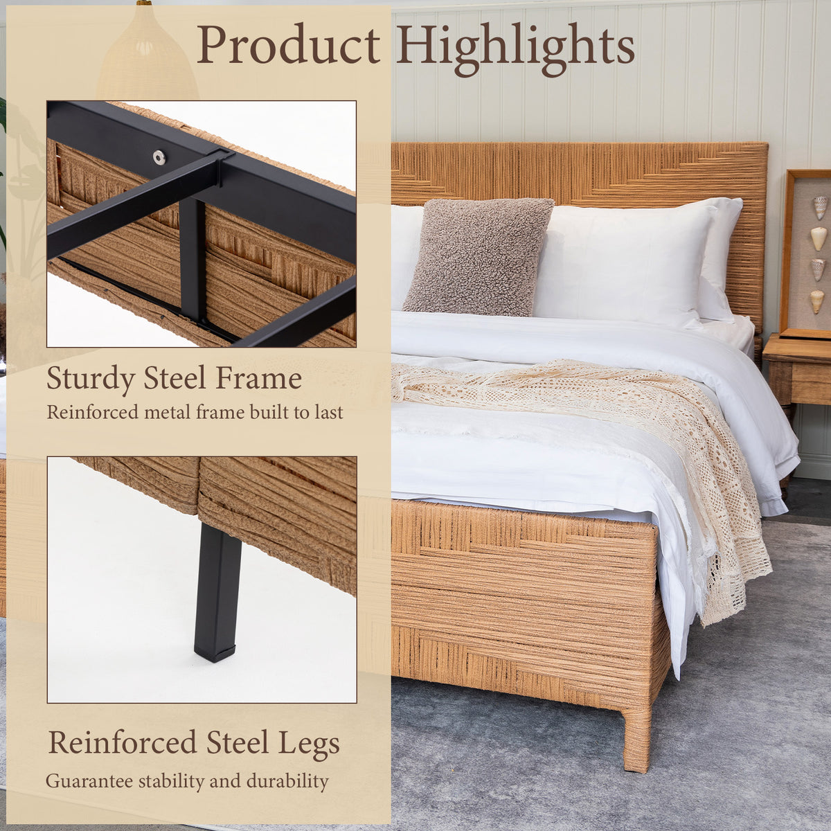 Brafabhome Bed Frame with Headboard and Footboard, Boho 3D Hand-Woven PE Rattan Bed Frame with Metal Slats, No Box Spring Needed, 1000 lbs