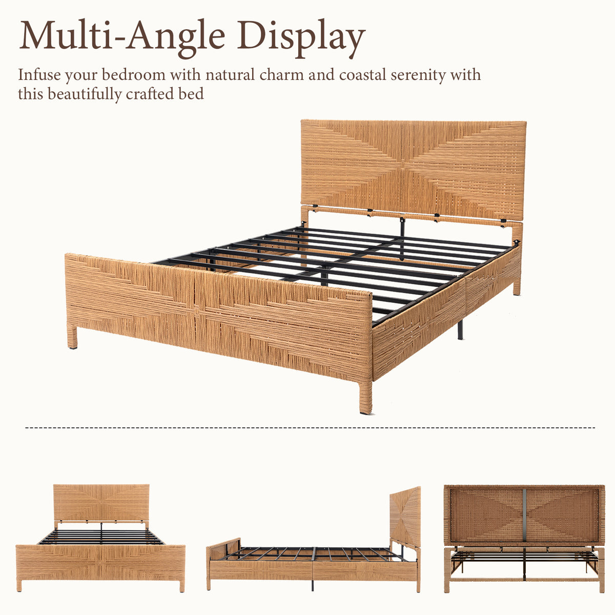 Brafabhome Bed Frame with Headboard and Footboard, Boho 3D Hand-Woven PE Rattan Bed Frame with Metal Slats, No Box Spring Needed, 1000 lbs