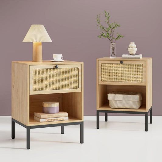 brafabhome Bohemian Rattan Nightstand Set of 2, Wood Bedside Table with Drawers for Bedroom Living Room, Beige