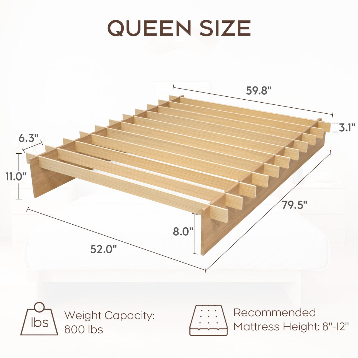 Brafabhome Brich Plywood Queen Bed Frame with Solid Wood Slat Support, Joinery Wood Platform with 8" Under-Bed Storage, No Box Spring Needed, No-Tool Assembly,