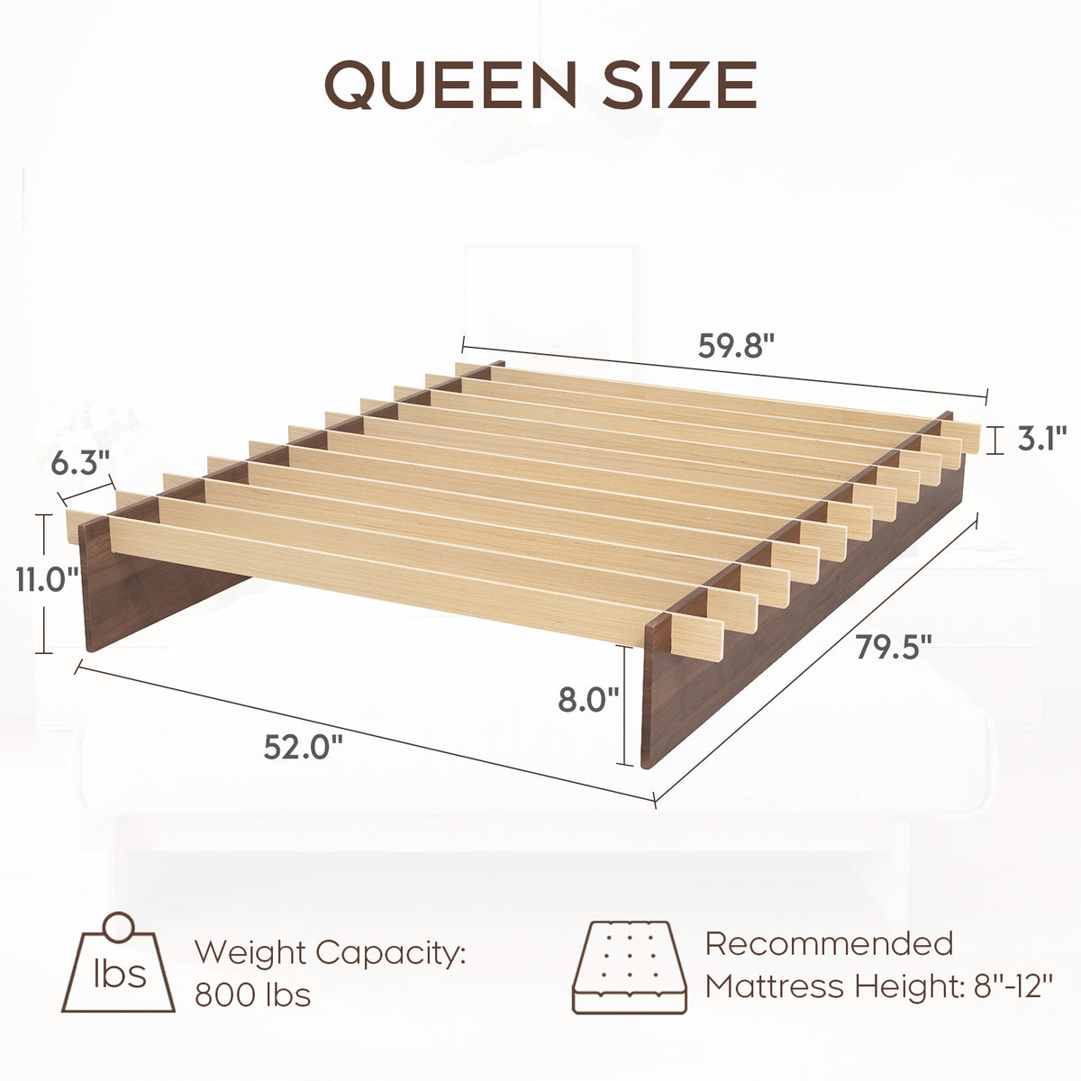 Brafabhome Brich Plywood Queen Bed Frame with Solid Wood Slat Support, Joinery Wood Platform with 8" Under-Bed Storage, No Box Spring Needed, No-Tool Assembly,