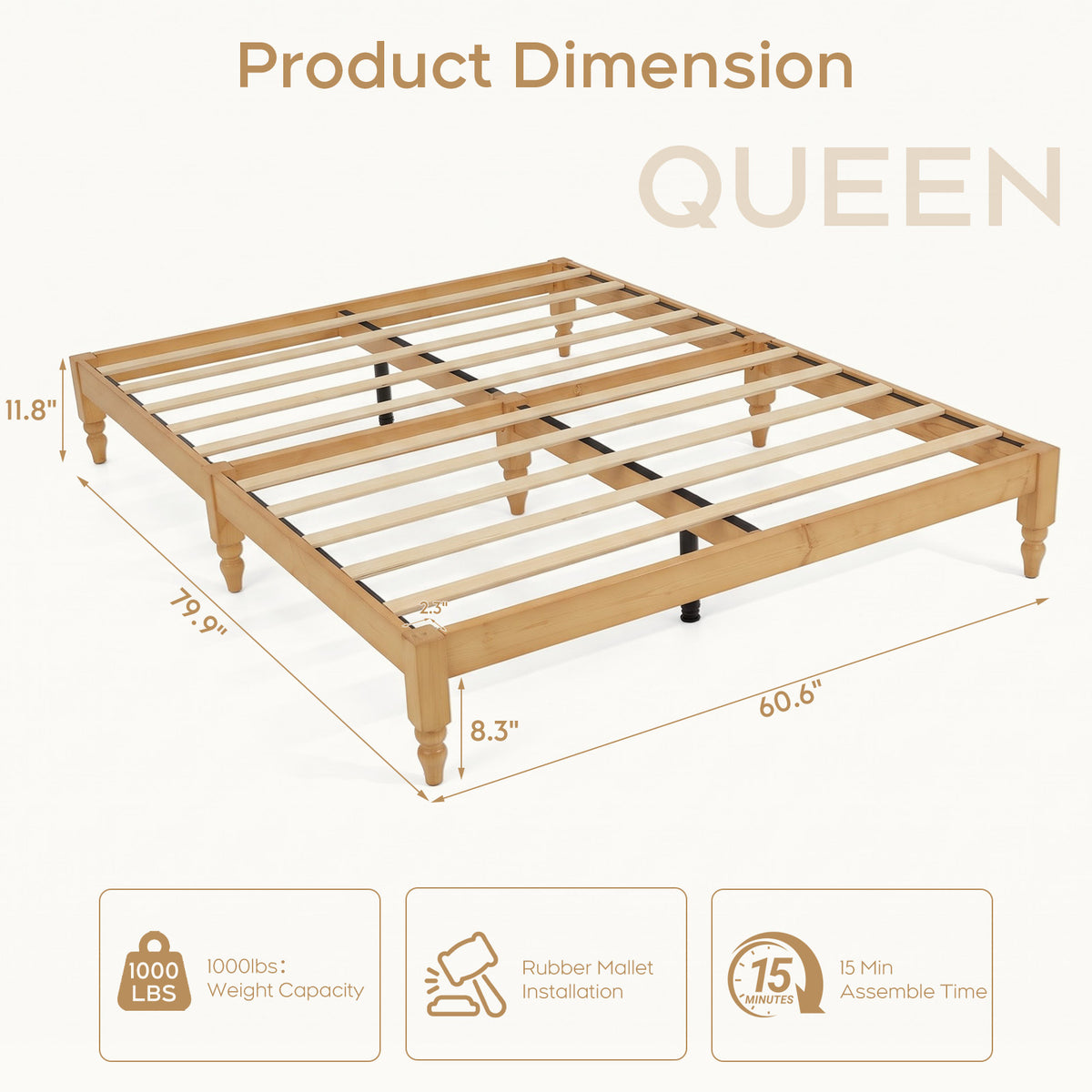 Brafabhome Solid Wood Platform Bed Frame with Turned Legs, Double-Lock Mortise & Tenon Platform Bed with Sturdy Solid Slats, Quiet Sleep, No Box Spring, No-Screw 15-Minute Set Up