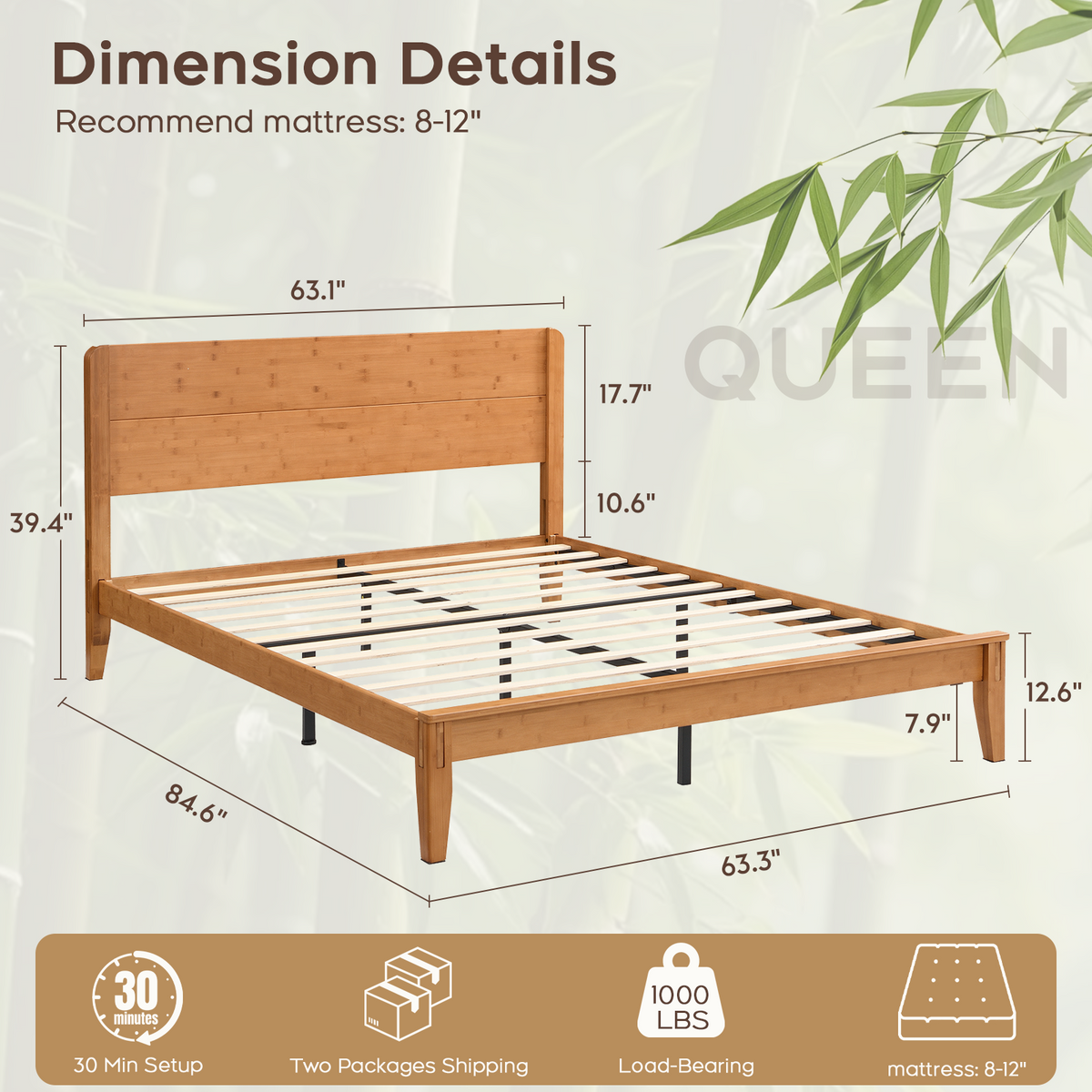 Brafabhome Bamboo Wood Bed Frame with Headboard, Joinery-Inspired Wood Platform Bed Frame, Easy Assembly, No Box Spring Needed