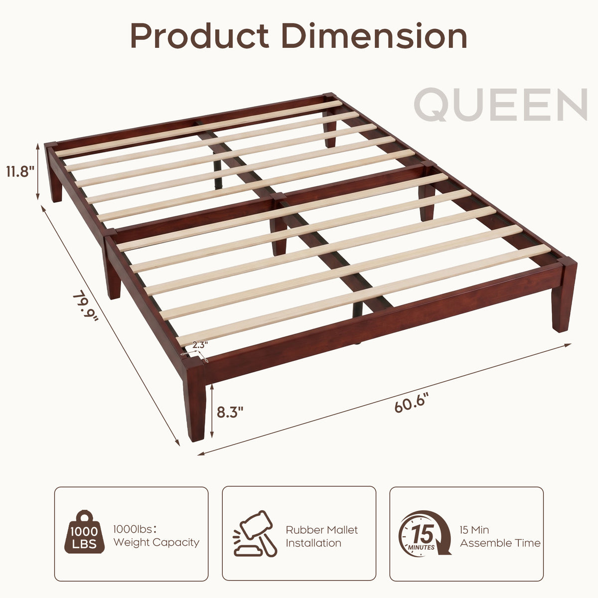 Brafabhome Solid Wood Platform Bed Frame, Double-Lock Mortise & Tenon Platform Bed with Sturdy Solid Slats, Quiet Sleep, No Box Spring, No-Screw 15-Minute Set Up