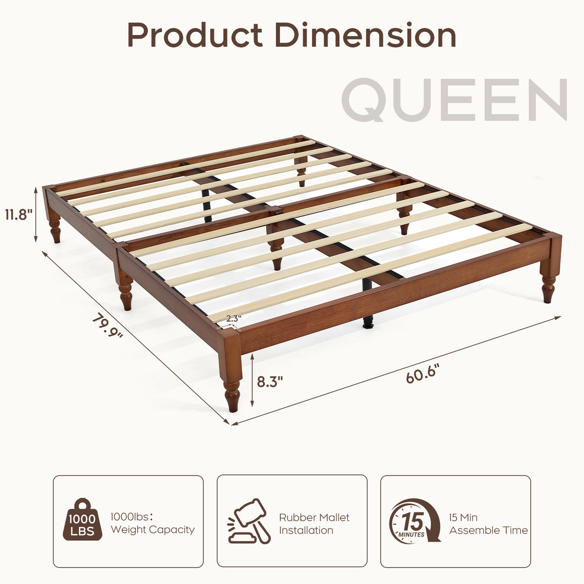 Brafabhome Solid Wood Platform Bed Frame with Turned Legs, Double-Lock Mortise & Tenon Platform Bed with Sturdy Solid Slats, Quiet Sleep, No Box Spring, No-Screw 15-Minute Set Up