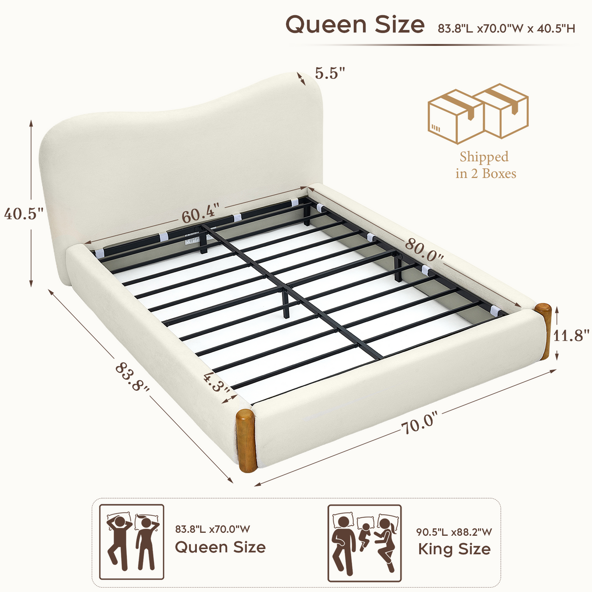 Brafabhome AirFrame Bed Frame with 5.5" Thick Curved Headboard, Modern Cloud Upholstered Platform Bed Frame with Solid Wood Legs, No Box Spring Needed, Easy Assembly | White