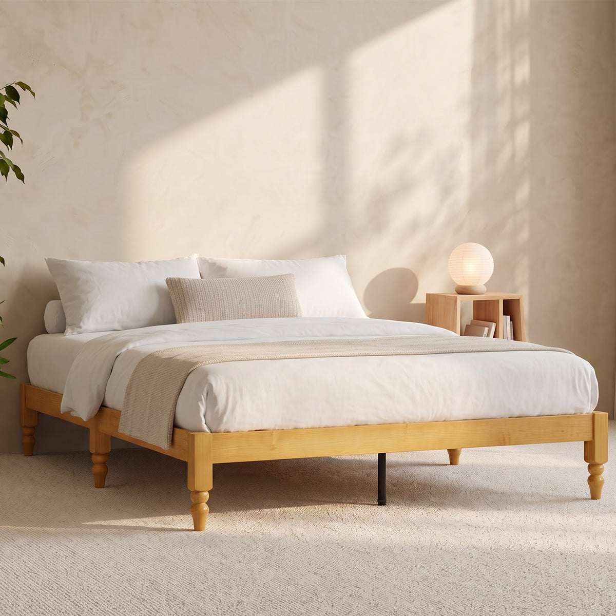 Brafabhome Solid Wood Platform Bed Frame with Turned Legs, Double-Lock Mortise & Tenon Platform Bed with Sturdy Solid Slats, Quiet Sleep, No Box Spring, No-Screw 15-Minute Set Up