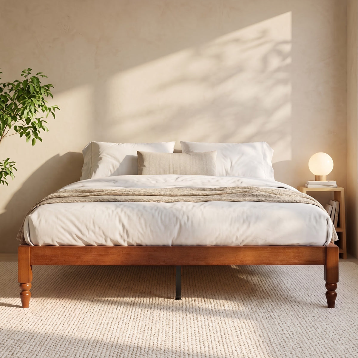 Brafabhome Solid Wood Platform Bed Frame with Turned Legs, Double-Lock Mortise & Tenon Platform Bed with Sturdy Solid Slats, Quiet Sleep, No Box Spring, No-Screw 15-Minute Set Up