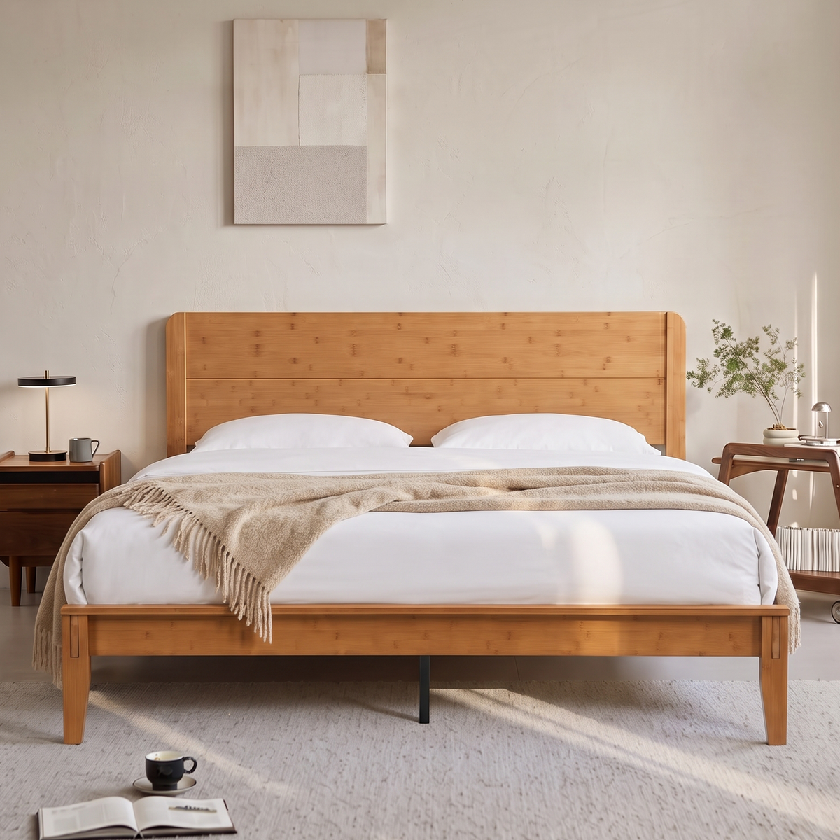 Brafabhome Bamboo Wood Bed Frame with Headboard, Joinery-Inspired Wood Platform Bed Frame, Easy Assembly, No Box Spring Needed