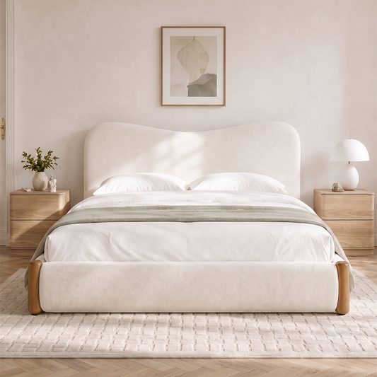 Brafabhome AirFrame Bed Frame with 5.5" Thick Curved Headboard, Modern Cloud Upholstered Platform Bed Frame with Solid Wood Legs, No Box Spring Needed, Easy Assembly | White