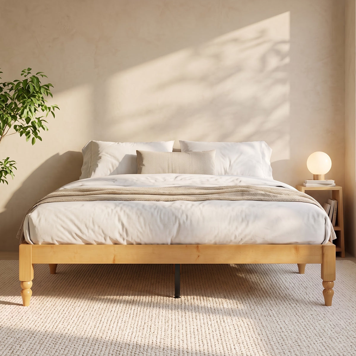 Brafabhome Solid Wood Platform Bed Frame with Turned Legs, Double-Lock Mortise & Tenon Platform Bed with Sturdy Solid Slats, Quiet Sleep, No Box Spring, No-Screw 15-Minute Set Up