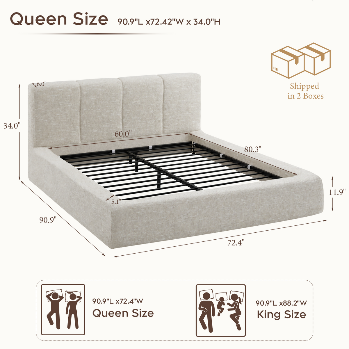Brafabhome AirFrame Bed Frame with 6" Thick Headboard, Cloud Upholstered Platform Bed Frame with 5.1" Thick Upholstered Foam Frame, No Box Spring Needed, Easy Assembly