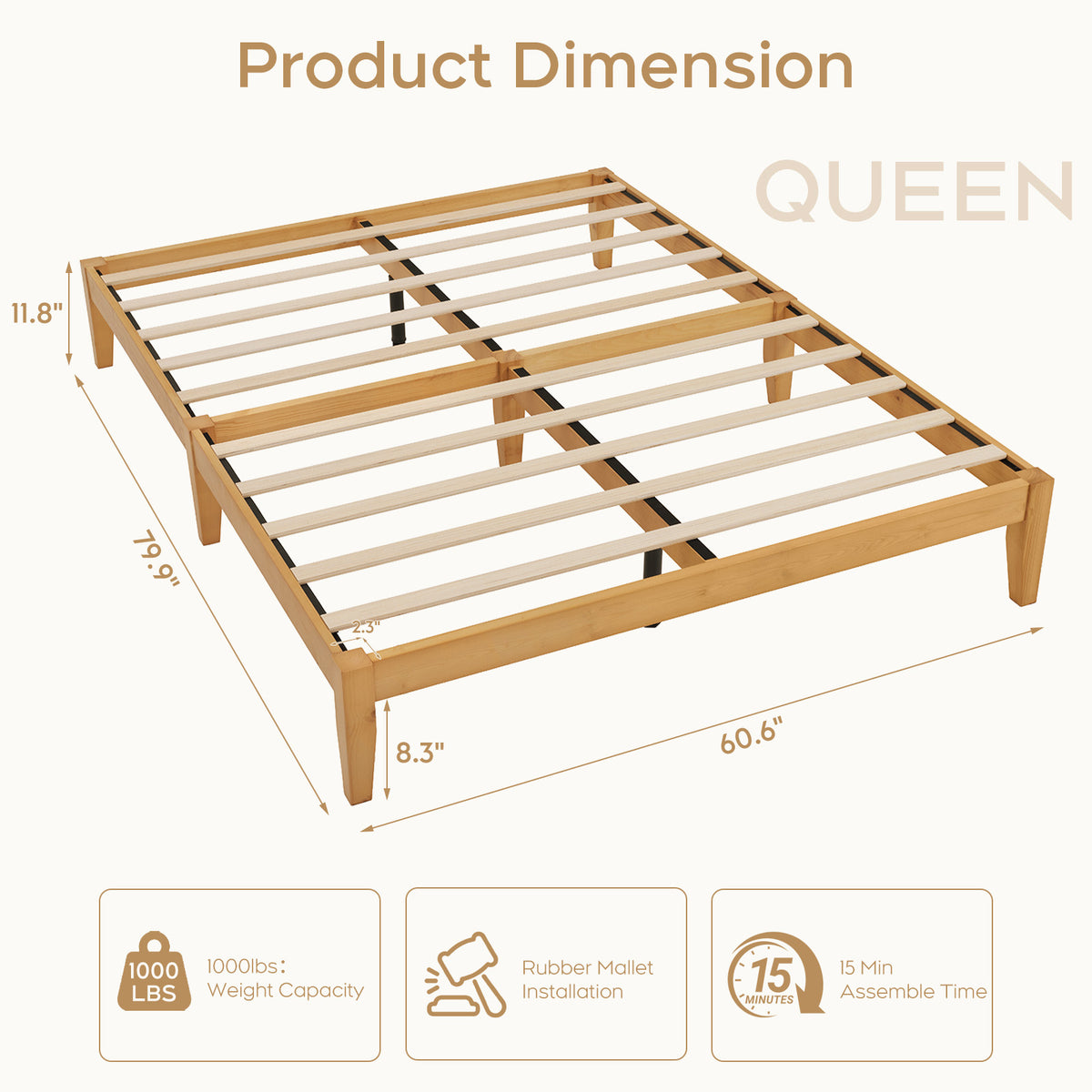 Brafabhome Solid Wood Platform Bed Frame, Double-Lock Mortise & Tenon Platform Bed with Sturdy Solid Slats, Quiet Sleep, No Box Spring, No-Screw 15-Minute Set Up