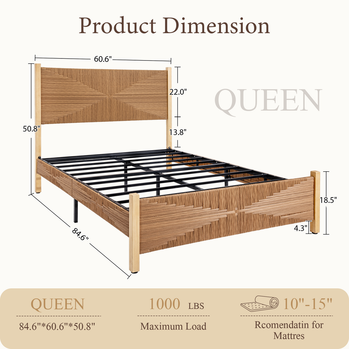 Brafabhome Solid Wood Bed Frame with Tall Headboard, Boho 3D Hand-Woven PE Rattan Bed Frame with Metal Slats, No Box Spring Needed, 1000 lbs