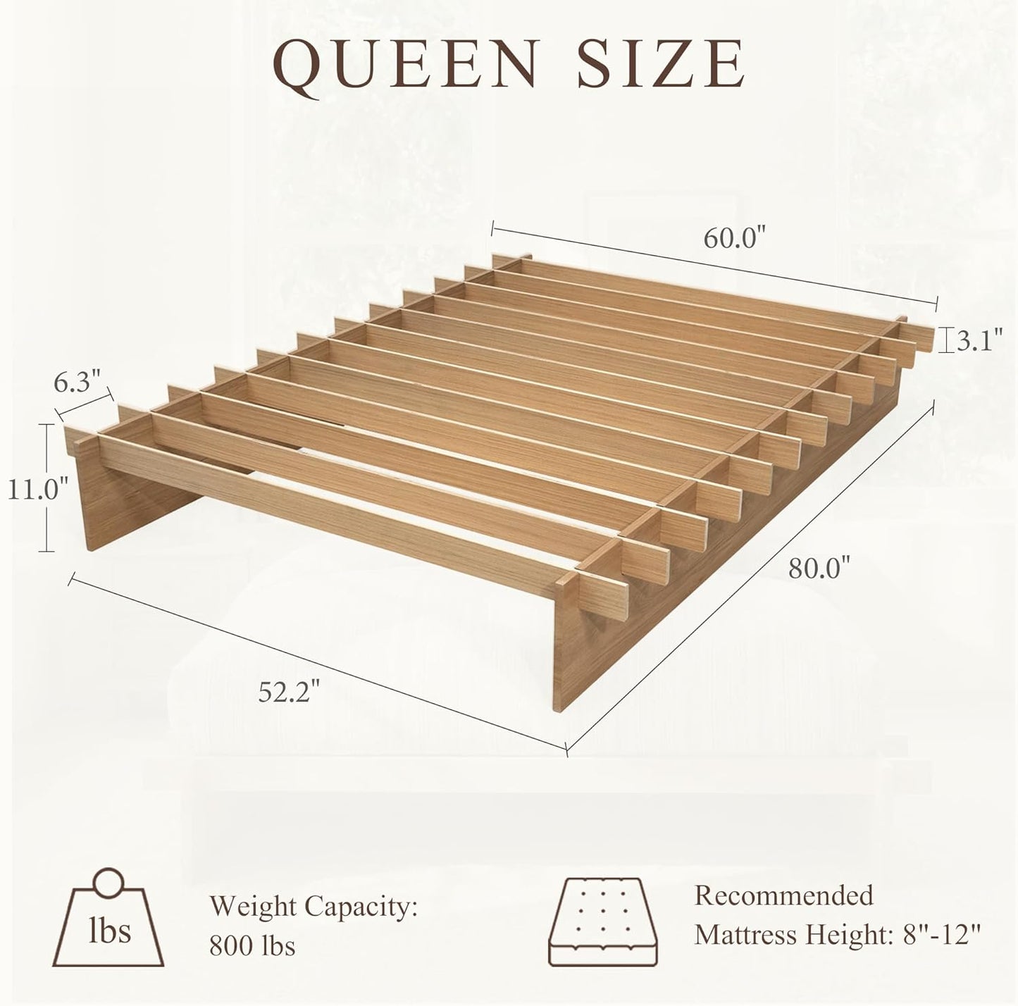 Brafabhome Bed Frame with Wood Slat Support, Joinery Wood Platform with 8" Under-Bed Storage, No Box Spring Needed, No-Tool Assembly, Natural