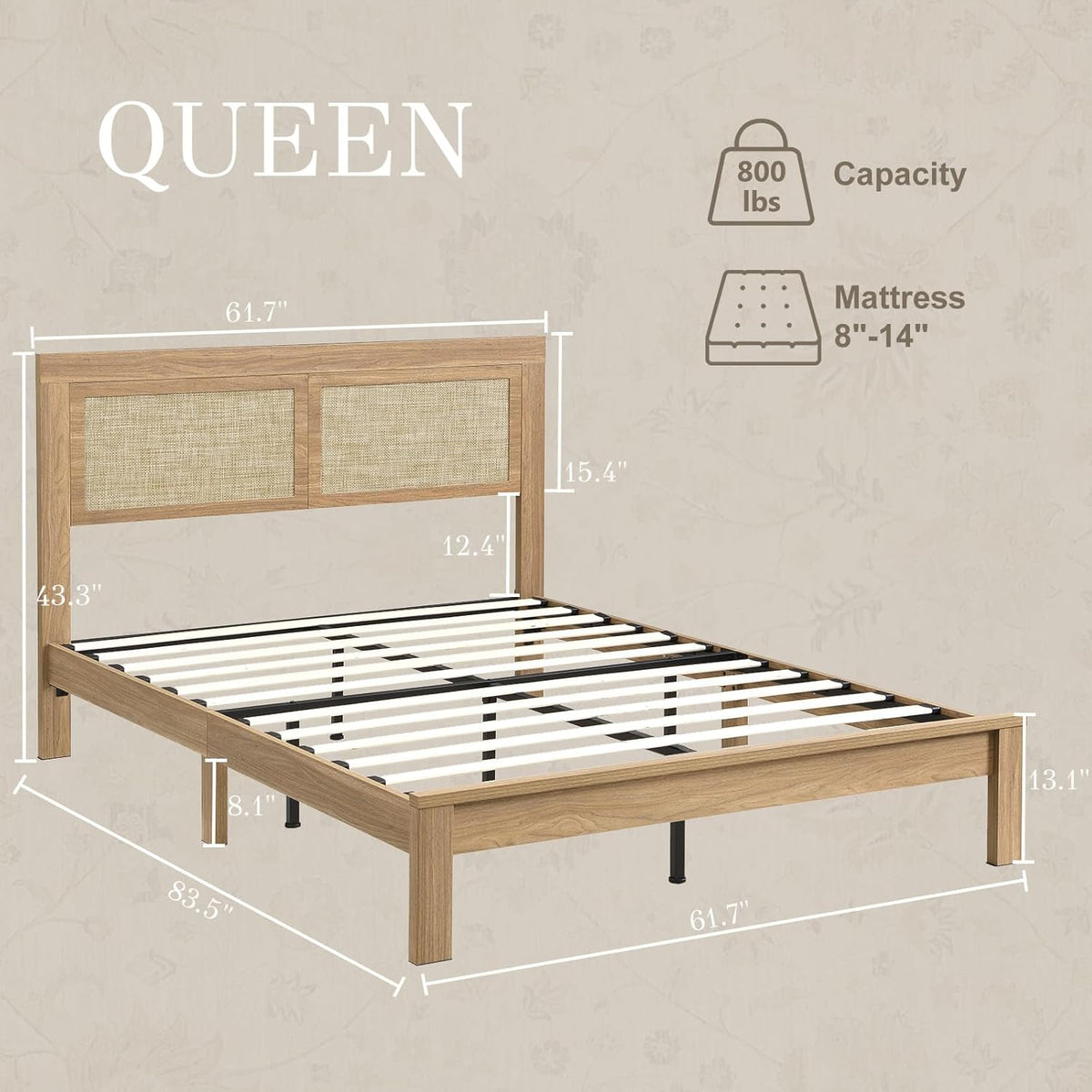 Brafabhome Bed Frame with Rattan Headboard, Wood Bed Frame Modern Platform Bed with Thicken Slats, No Box Spring Needed, 800lbs