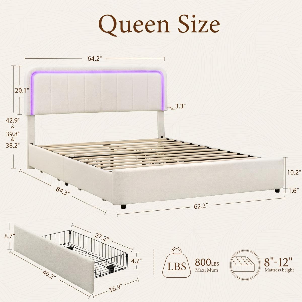 Brafabhome Cloud Bed Frame with Adjustable Height Headboard, Boucle Upholstered Bed Frame with LED Light, Modern Platform Bed with 4 Storage Drawers, No Box Spring Needed, Beige