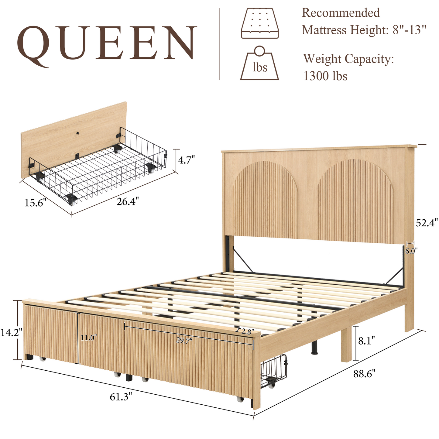 Brafabhome Bed Frame with 52.4" Tall Headboard, Wooden Fluted Bed Frame with 2 Storage Drawers, Modern Arched Reeded Platform Bed, No Box Spring Needed, Natural Oak