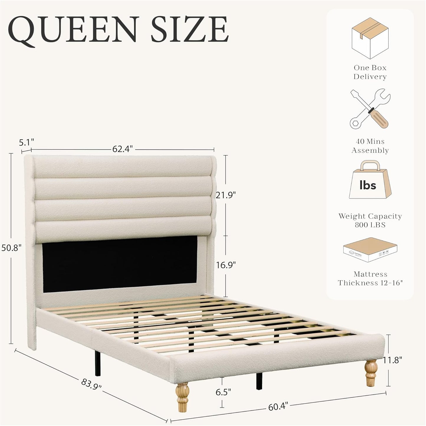 Brafabhome Cloud Bed Frame, Boucle Upholstered Bed Frame with 50" Tall Headboard, Modern Platform Bed Frame with Solid Wood Legs, No Spring Box Needed, 800 LBS | Beige
