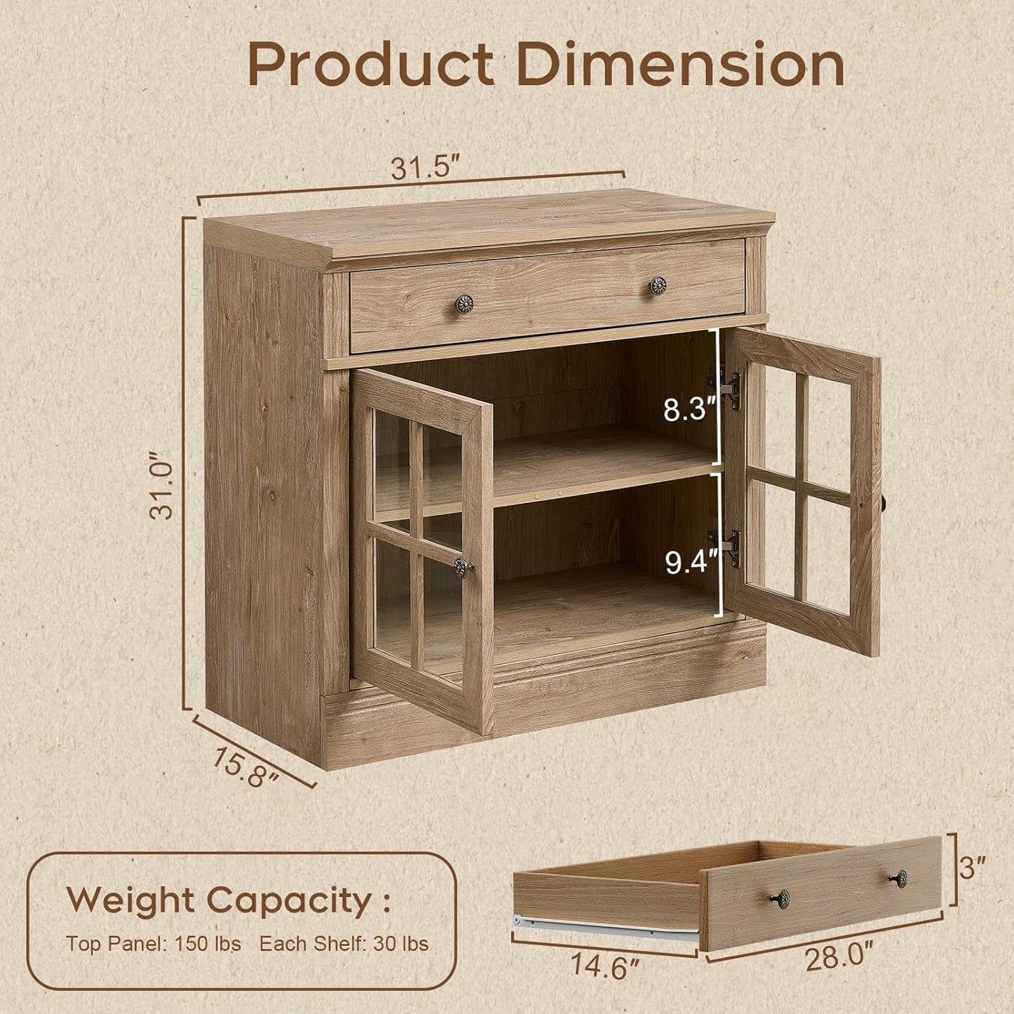 Brafabhome 31.5"W Sideboard Cabinet with Drawer & Glass Doors, Farmhouse Buffet Storage Credenza with Adjustable Shelf, Modern Coffee Bar Console for Living Room Dining Room | Light Oak