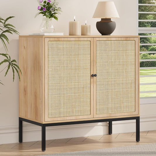 Brafabhome Sideboard Storage Cabinet with Handmade Natural Rattan Doors, Buffet Cabinet with Storage Shelf for Living Room, Dining Room, Entryway, Kitchen