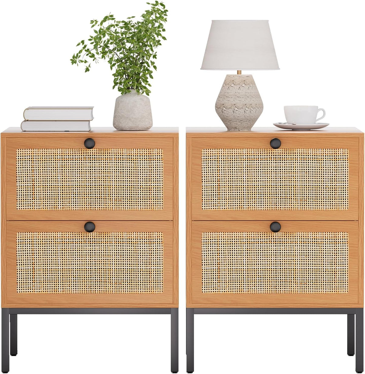 brafabhome Bohemian Rattan Nightstand Set of 2, Wood Bedside Table with Drawers for Bedroom Living Room, Beige