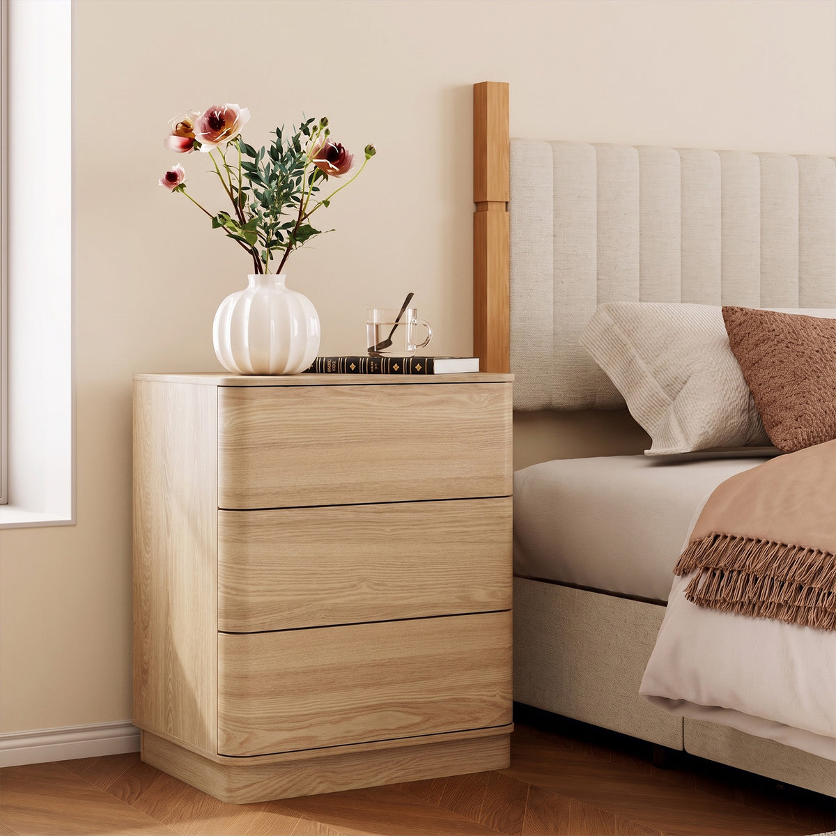 Brafabhome Wood Nightstands with 3 Drawers, Curved Profile Night Stand with Push to Open Drawer, Modern Bedside Tables with Storage for Bedroom