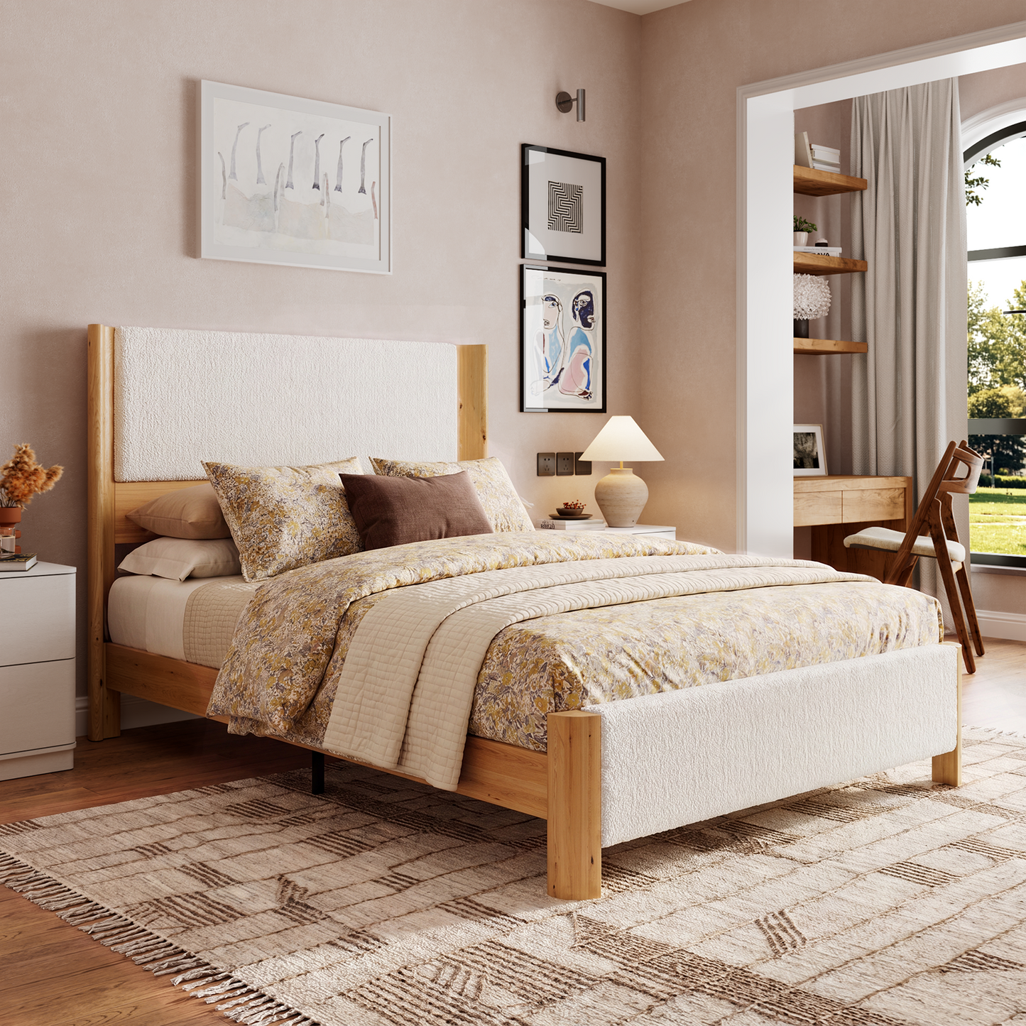Brafabhome Queen Bed Frame with Solid Wood Curved Wingback, Modern Upholstered Platform Bed with 51'' Tall Headboard, No Box Spring Needed, White