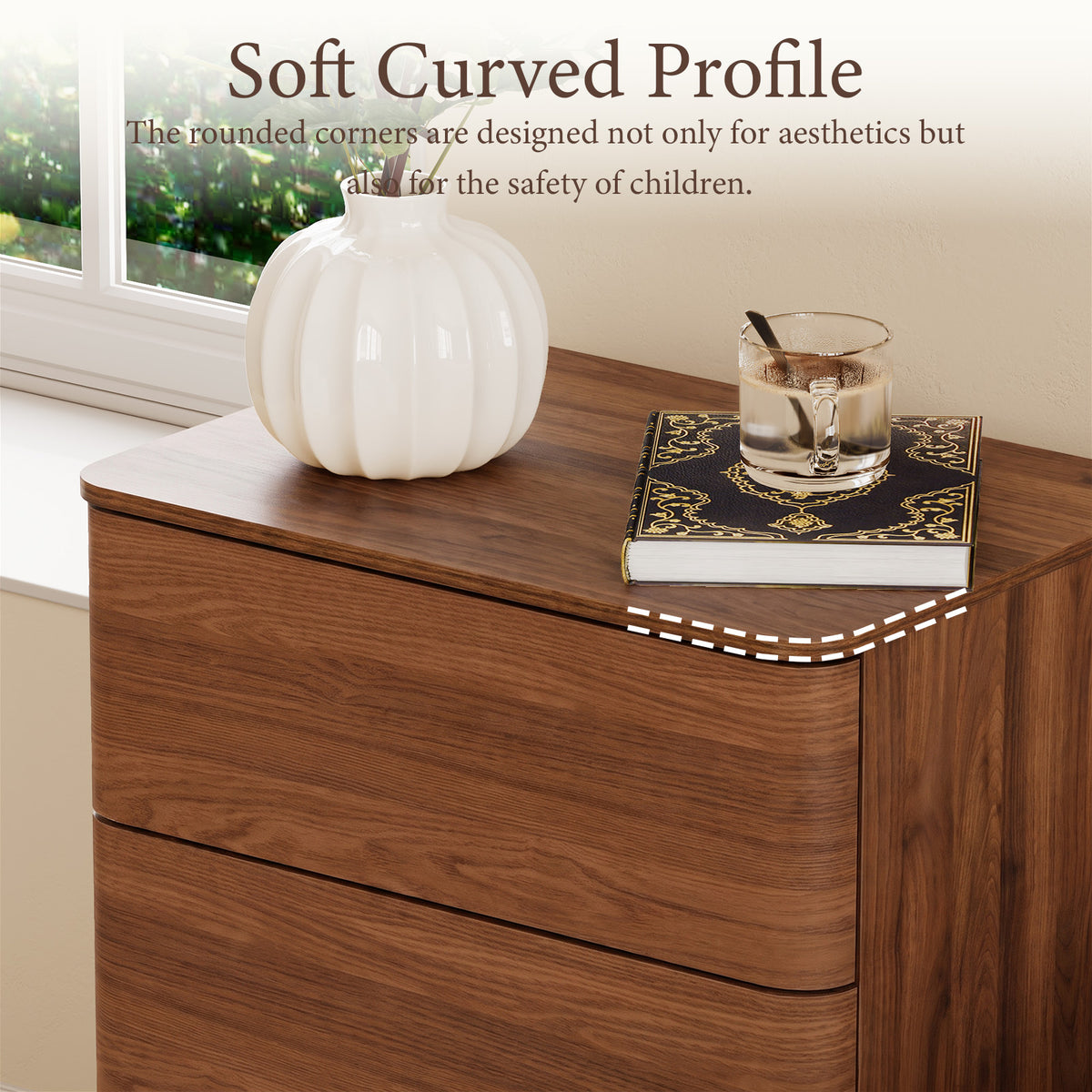 Brafabhome Wood Nightstands with 3 Drawers, Curved Profile Night Stand with Push to Open Drawer, Modern Bedside Tables with Storage for Bedroom