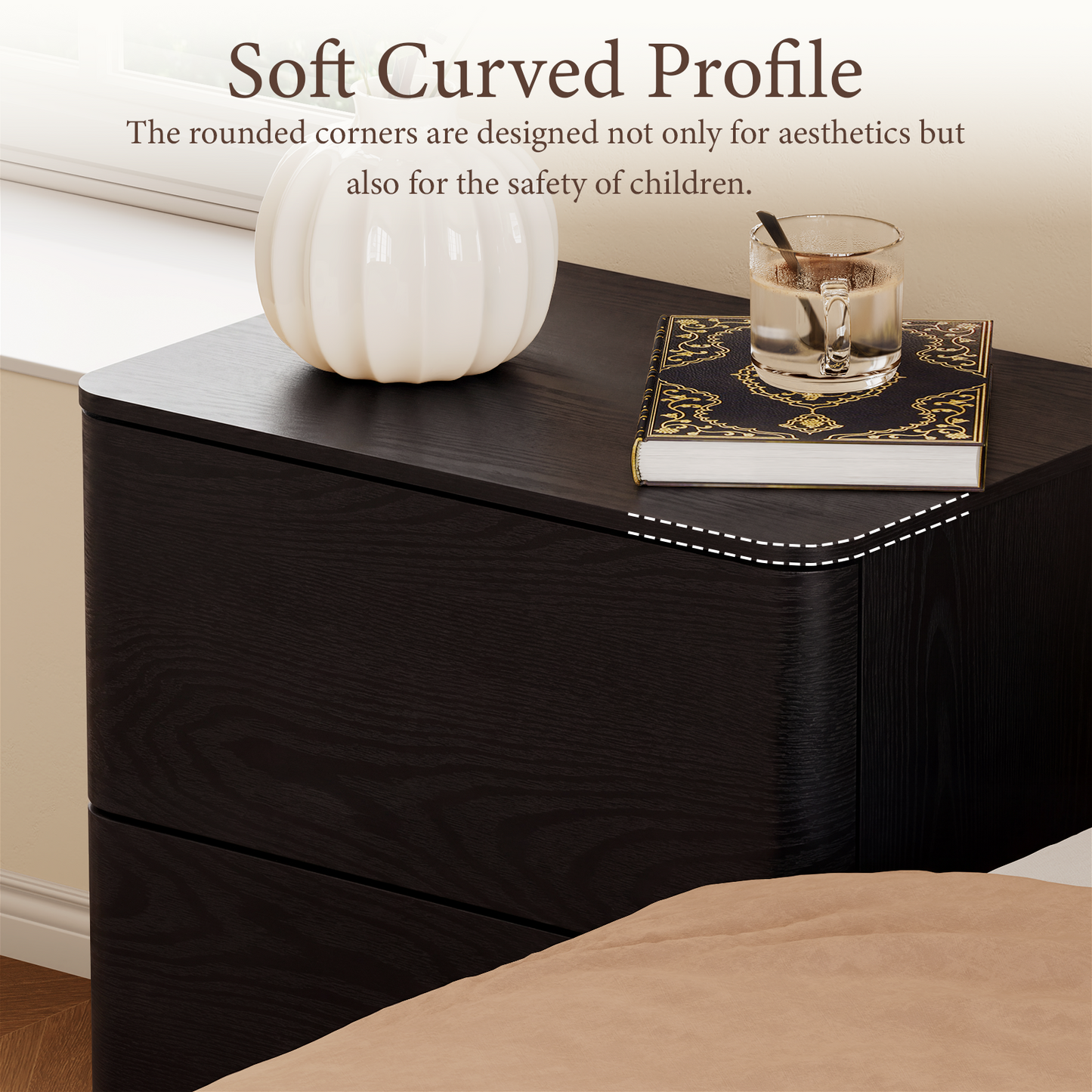 Brafabhome Wood Nightstands with 2 Drawers, Curved Profile Night Stand with Push to Open Drawer, Modern Bedside Tables with Storage for Bedroom