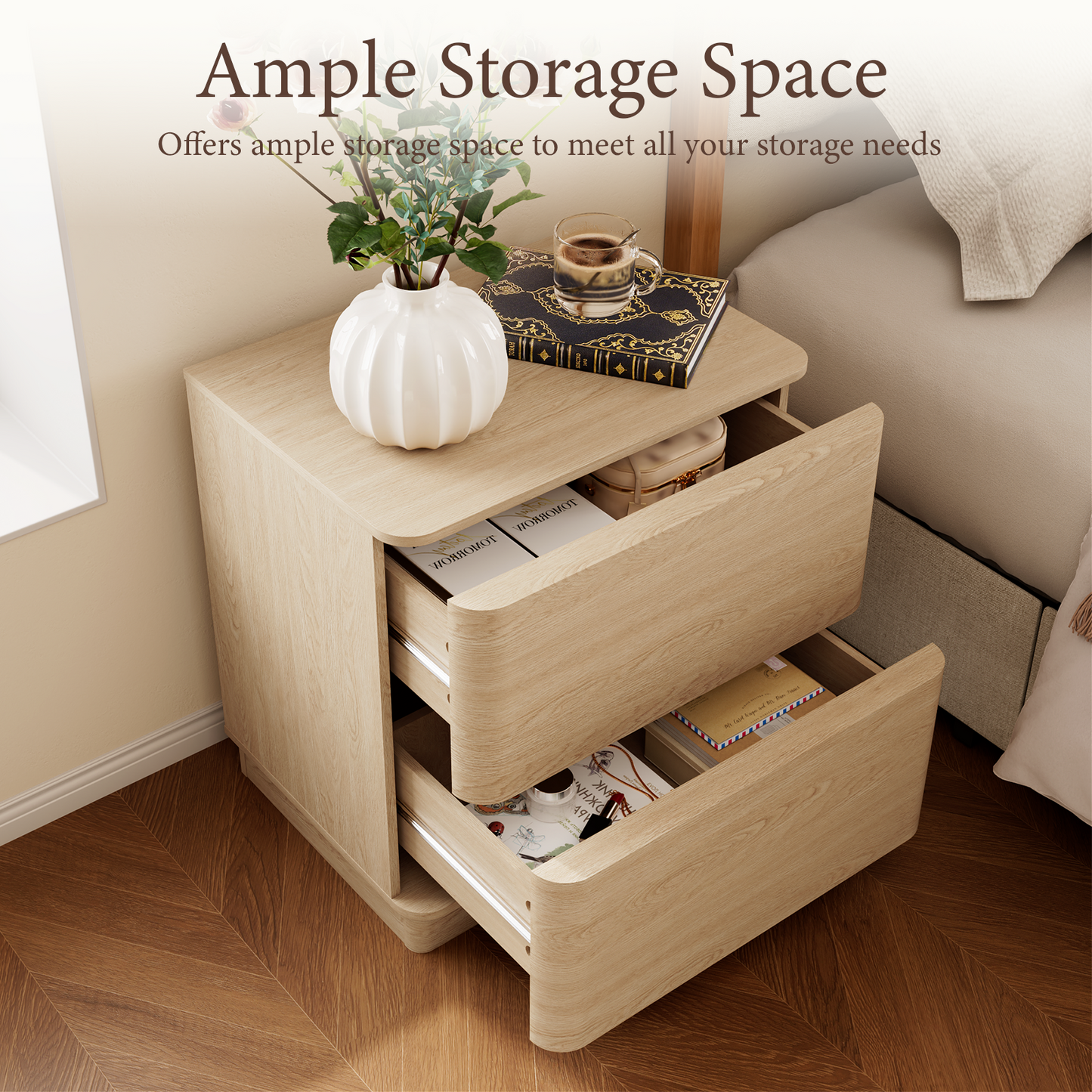 Brafabhome Wood Nightstands with 2 Drawers, Curved Profile Night Stand with Push to Open Drawer, Modern Bedside Tables with Storage for Bedroom