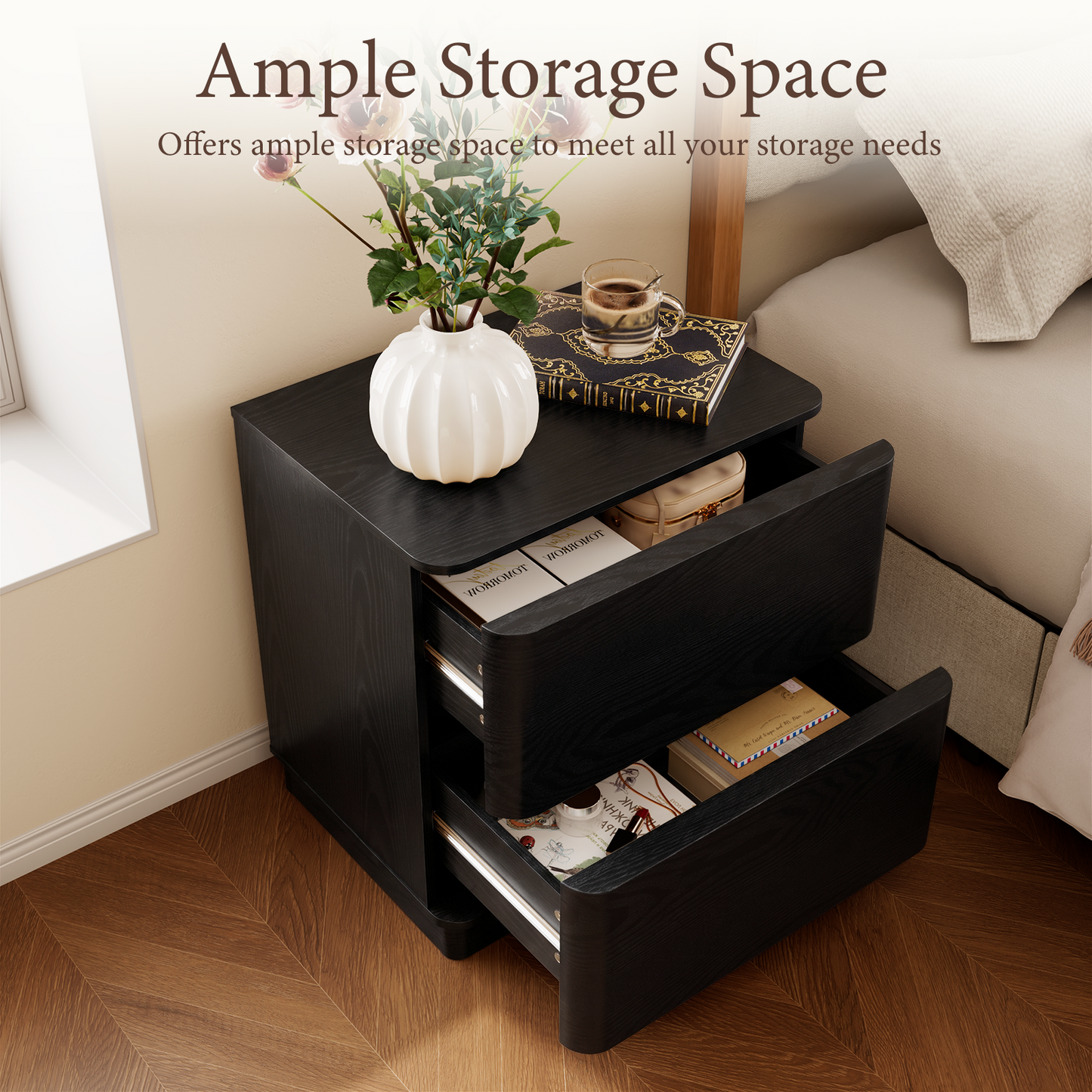 Brafabhome Wood Nightstands with 2 Drawers, Curved Profile Night Stand with Push to Open Drawer, Modern Bedside Tables with Storage for Bedroom