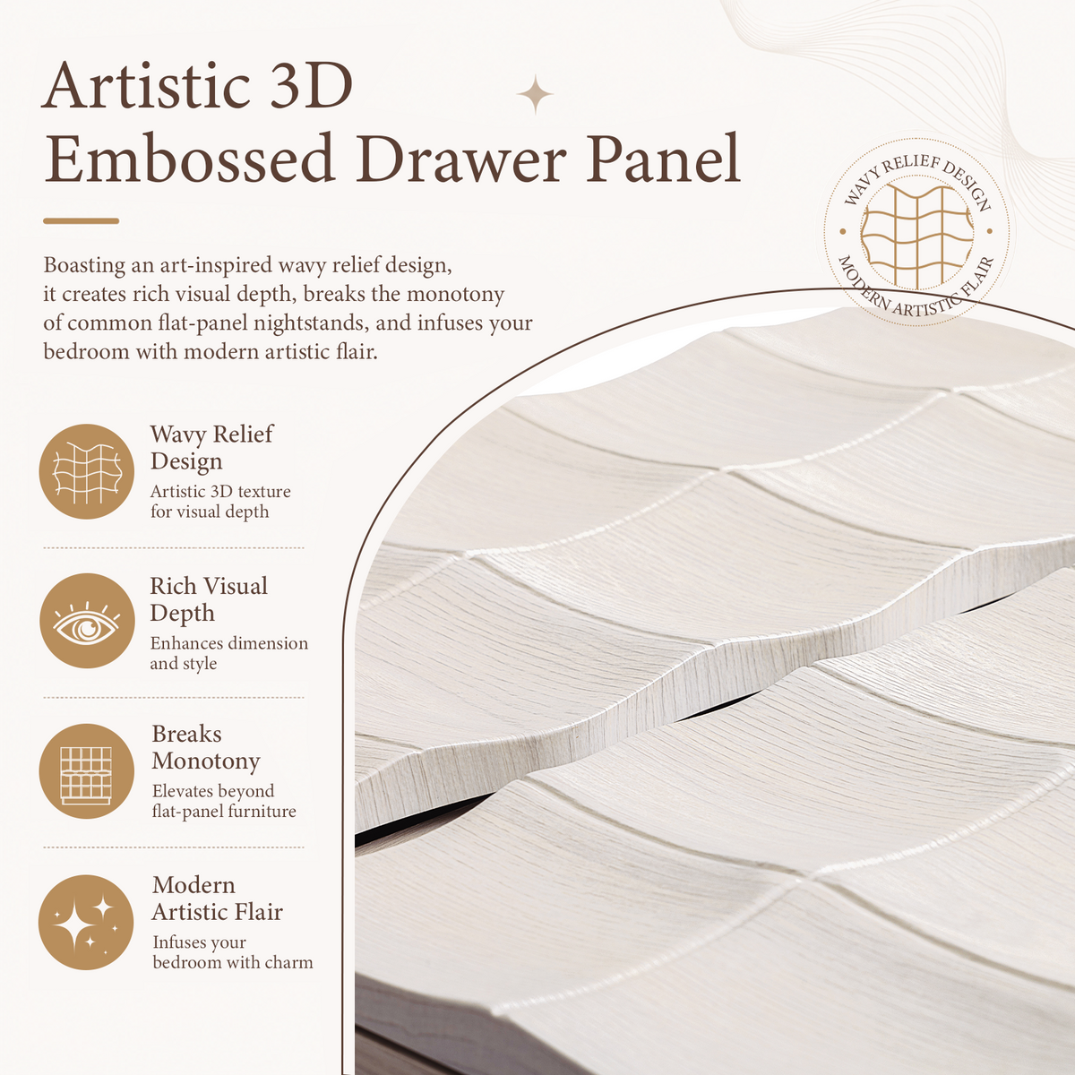 Brafabhome Fast Charing Nightstands with 2 Drawers, Wooden Bedside Table with Artistic 3D Embossed Panel, Farmhouse Night Stand with Storage for Bedroom